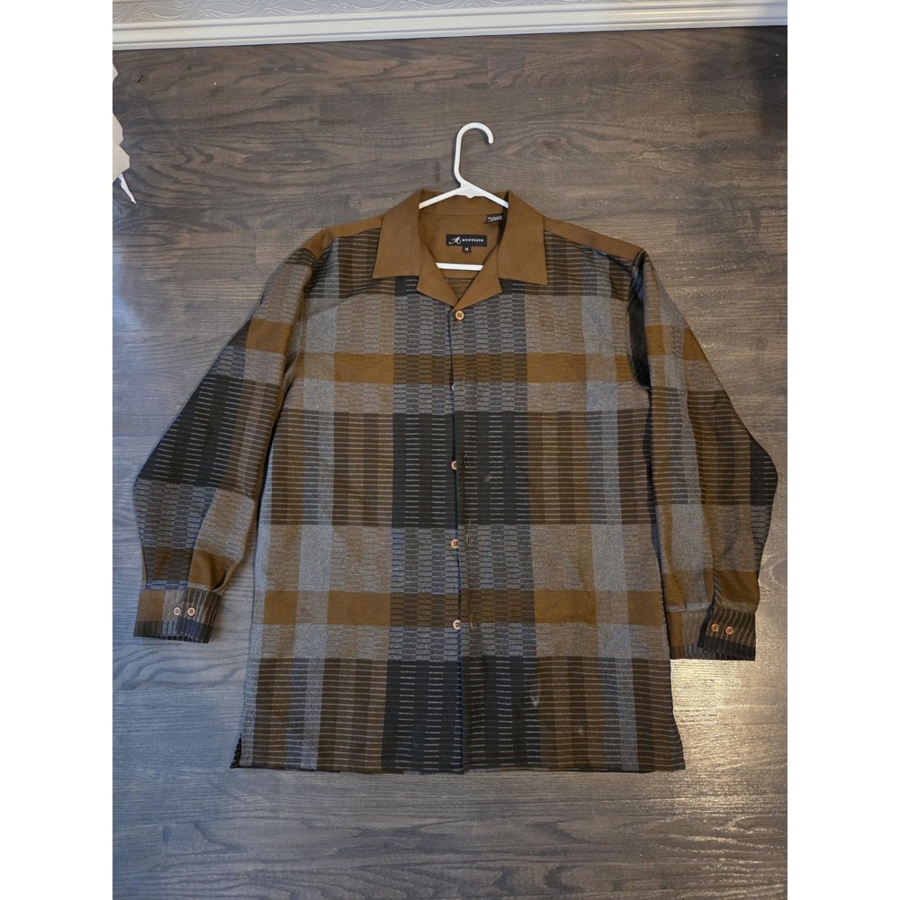 Montique Men Brown Plaid Long Sleeve Button-Up Side Slit Casual Shirt Medium